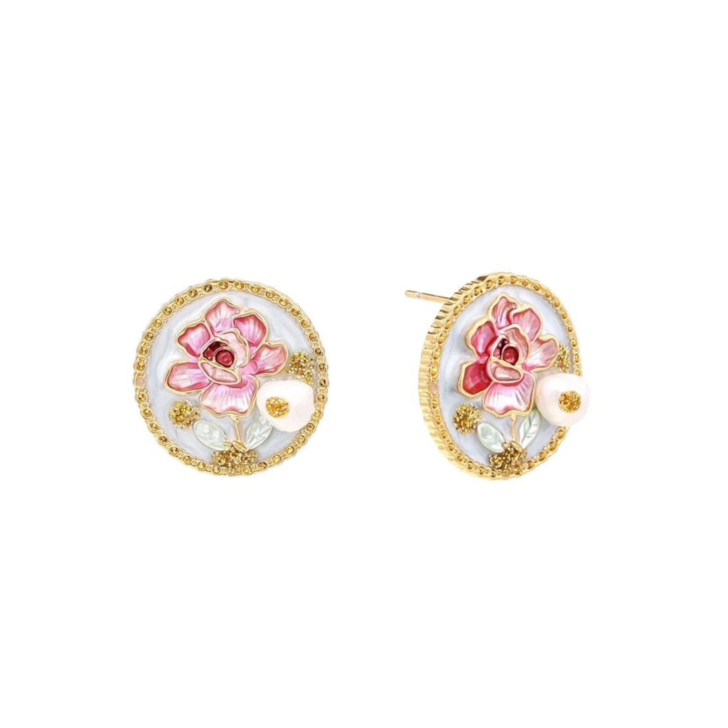 Gold-rimmed circular stud earrings with hand-painted pink peony enamel and pearl accents on white background