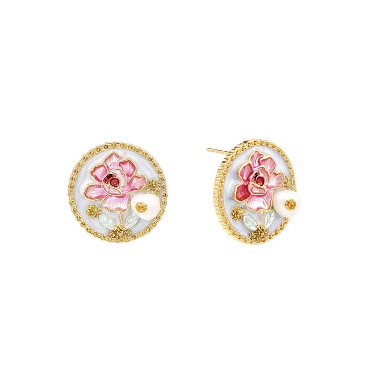 Gold-rimmed circular stud earrings with hand-painted pink peony enamel and pearl accents on white background