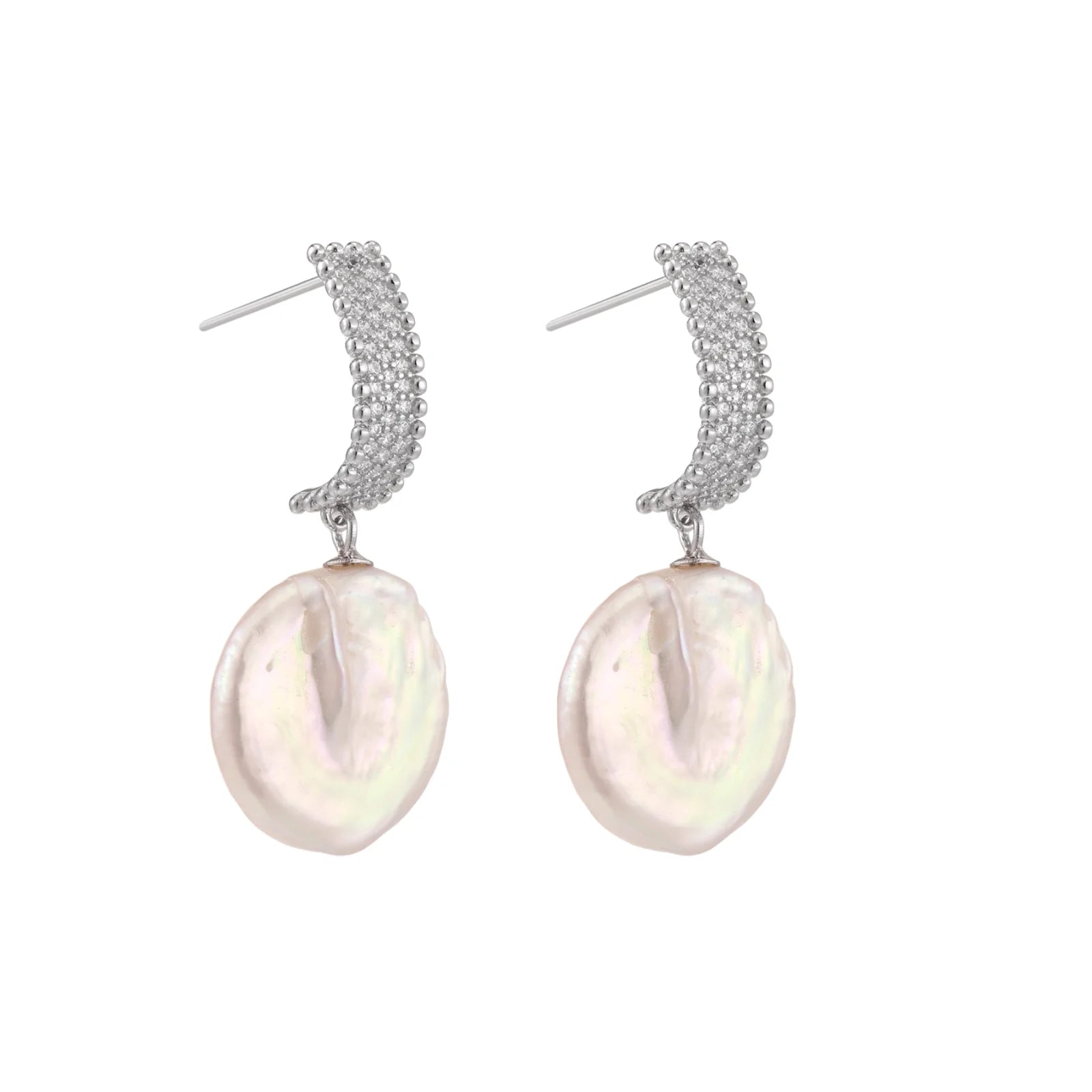 Rhodium-plated silver curved stud with pave stones and baroque pearl drop on white background