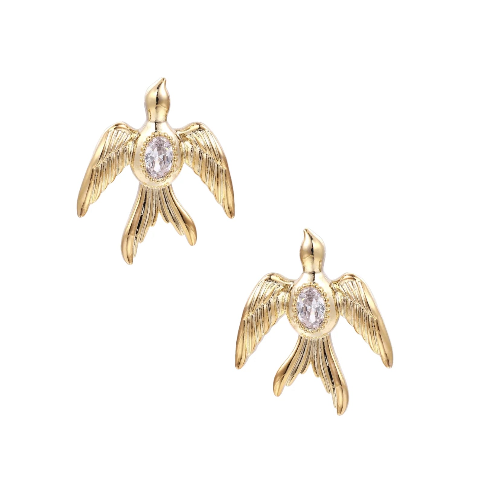 Gold-plated brass earrings shaped as doves in flight with lavender zirconia oval stones at center and textured wing details