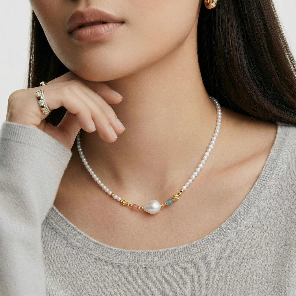 Pearl Necklace - White Baroque Emerald Coral Gold