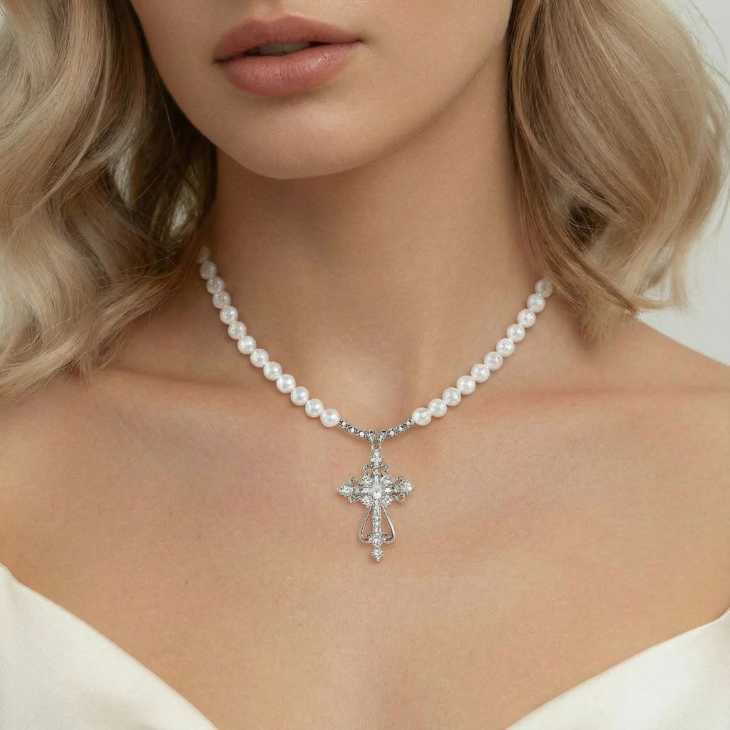 Divine Grace Cross Necklace Pearl White Gold
