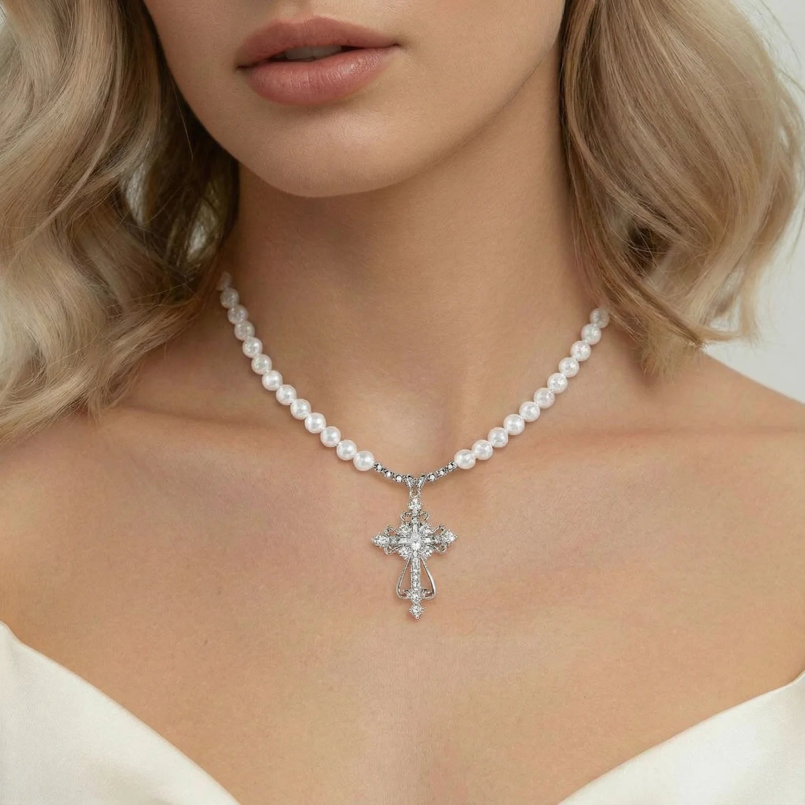 Divine Grace Cross Necklace Pearl White Gold