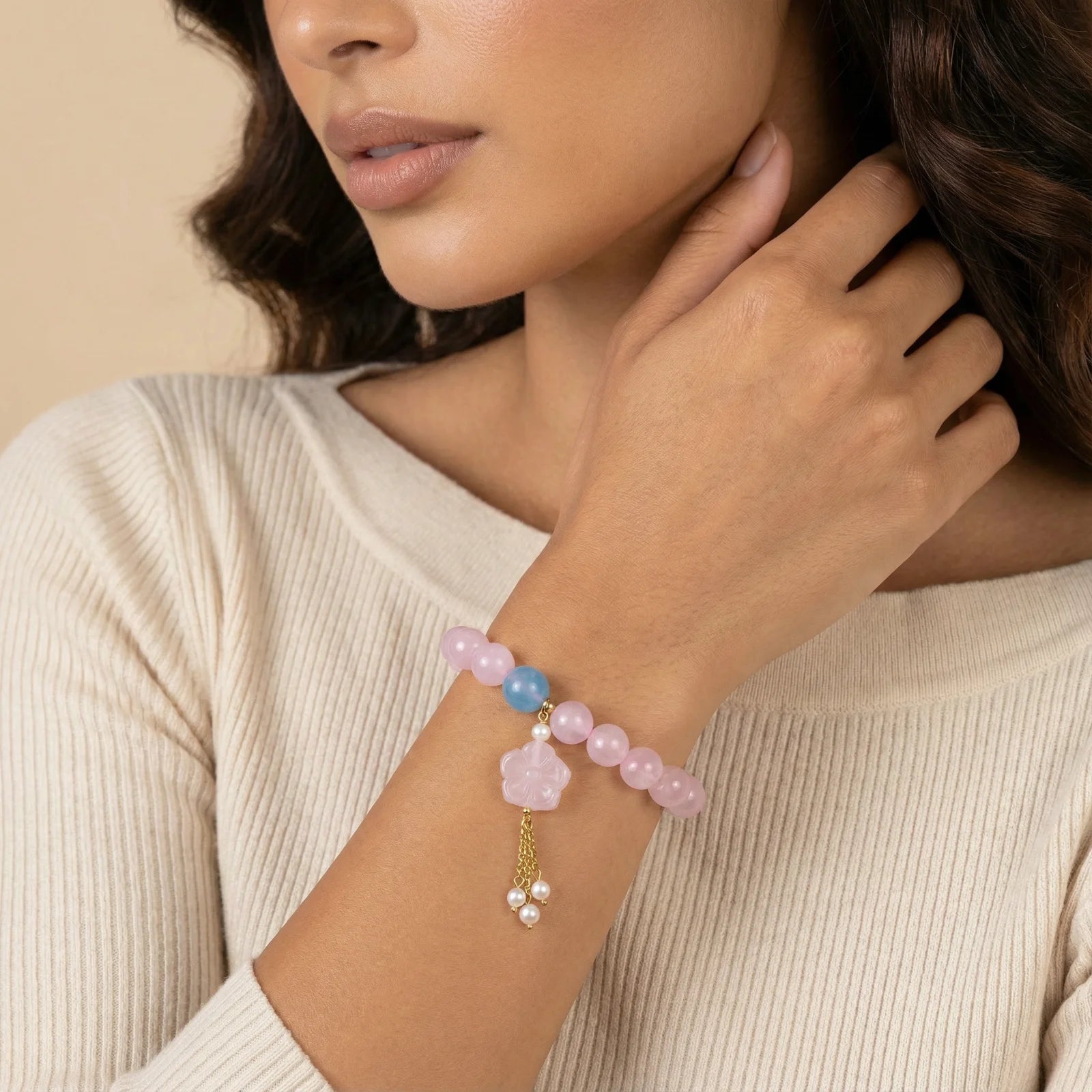 Rose Quartz Aquamarine Bracelet 18K Gold