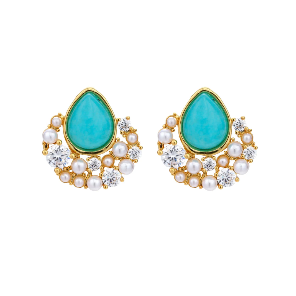 Gold-plated cluster earrings with teardrop turquoise stones surrounded by white pearls and clear crystals
