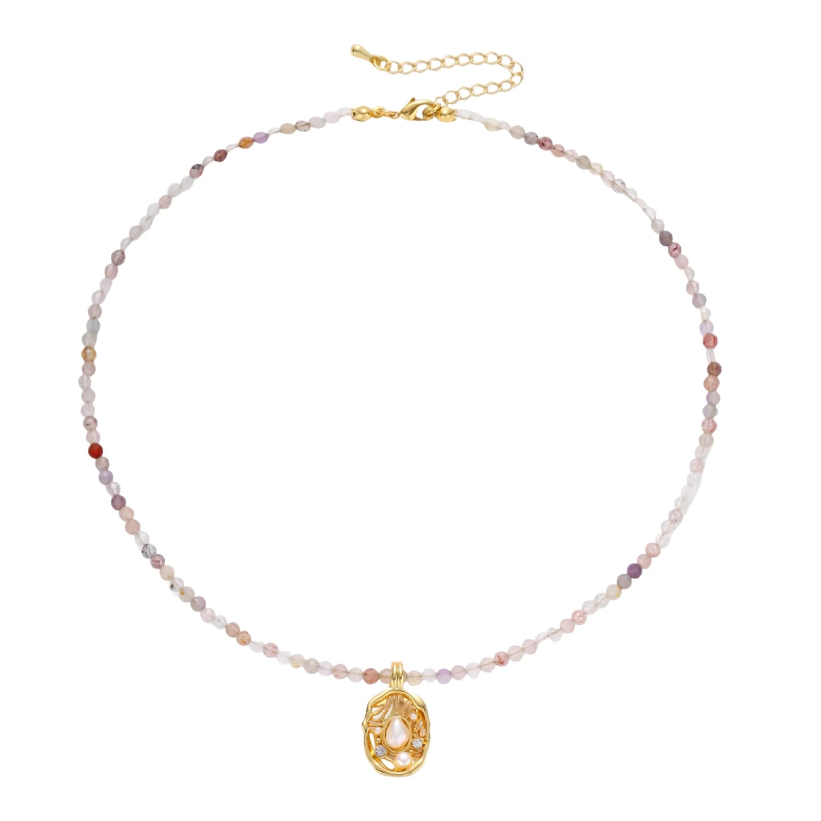 Delicate gold-plated necklace with mixed gemstone beads and ornate oval pendant on white background