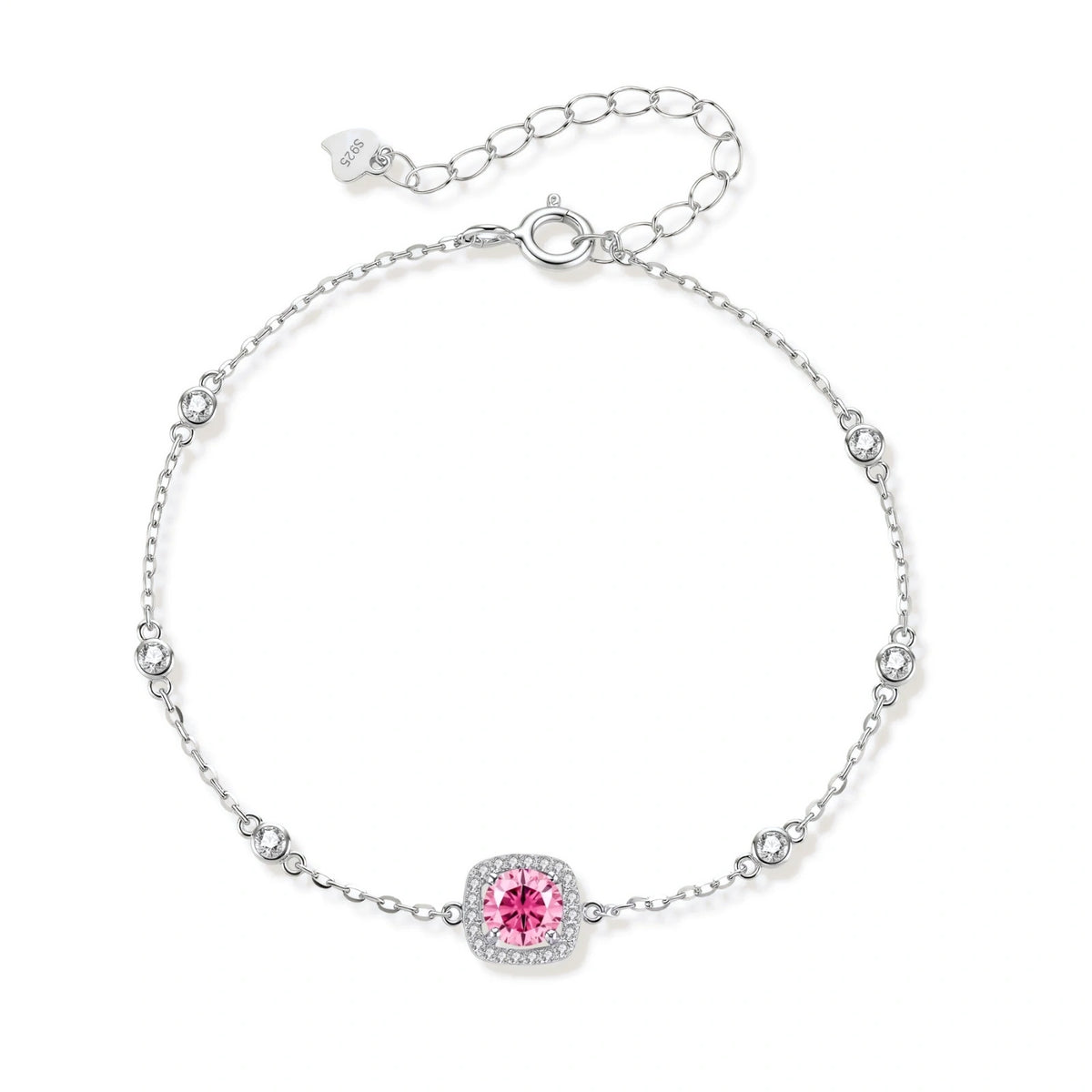 Elegant sterling silver chain bracelet featuring pink moissanite center stone in cushion halo setting with adjustable clasp