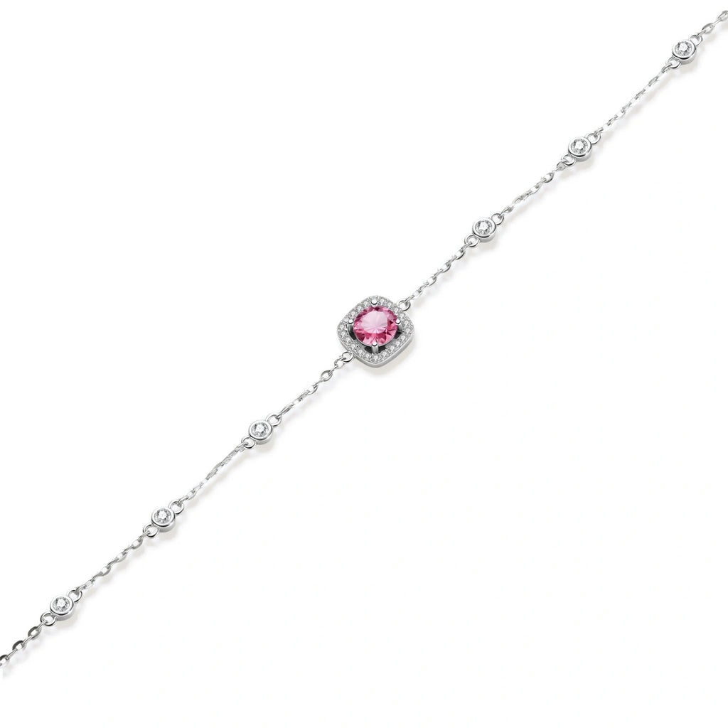 Elegant sterling silver chain bracelet featuring pink moissanite center stone in cushion halo setting with adjustable clasp