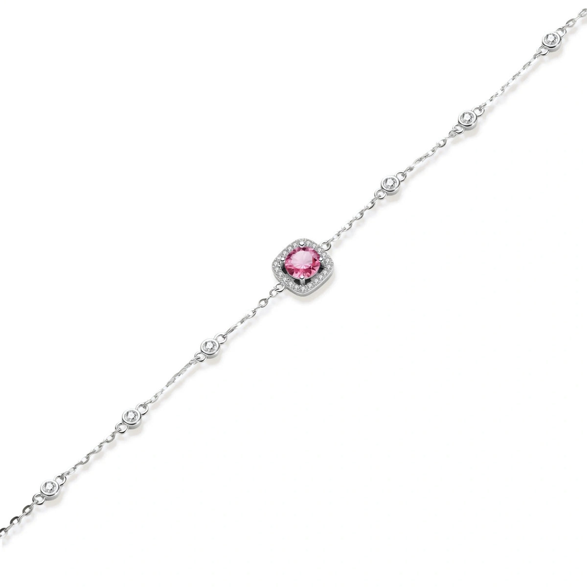 Elegant sterling silver chain bracelet featuring pink moissanite center stone in cushion halo setting with adjustable clasp