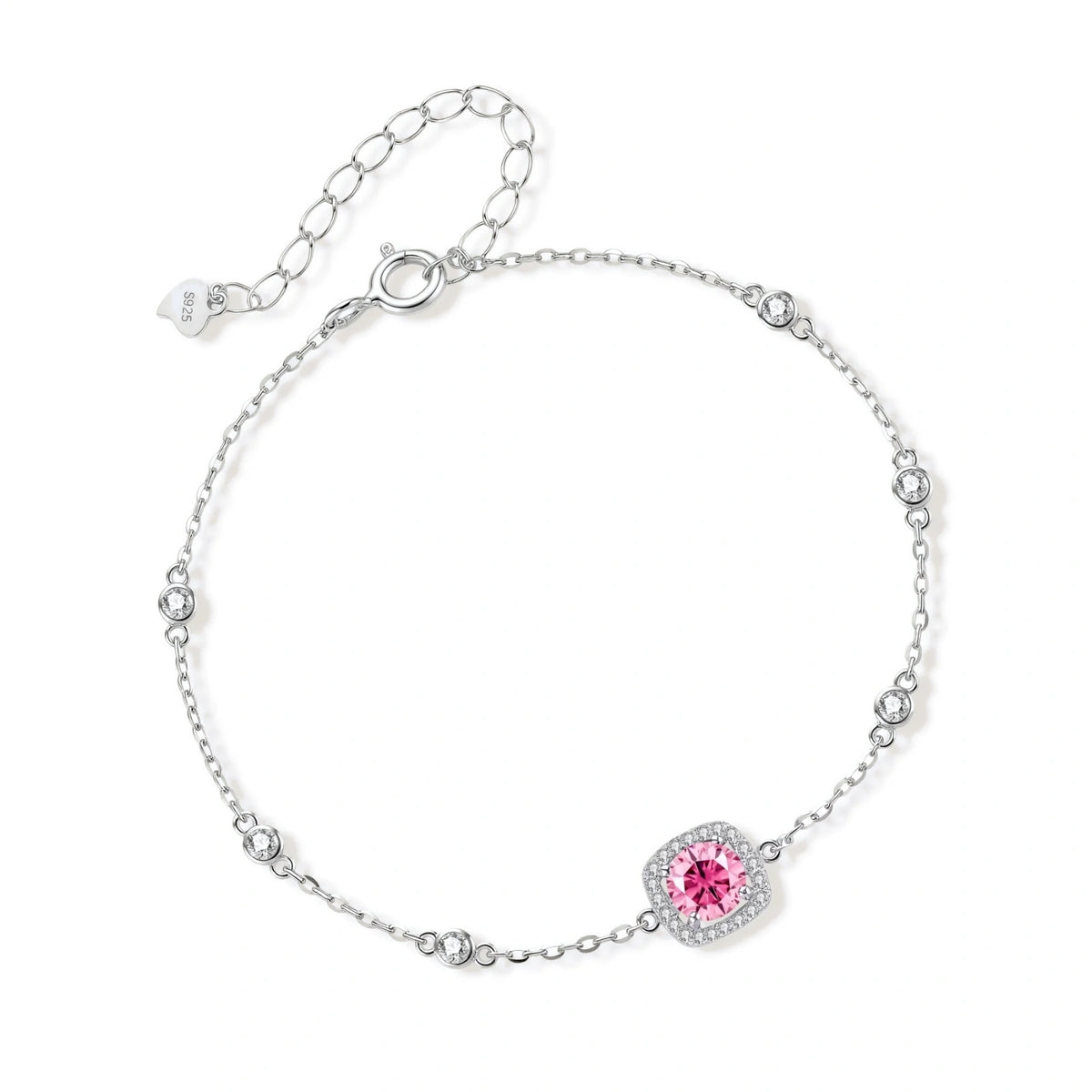 Elegant sterling silver chain bracelet featuring pink moissanite center stone in cushion halo setting with adjustable clasp