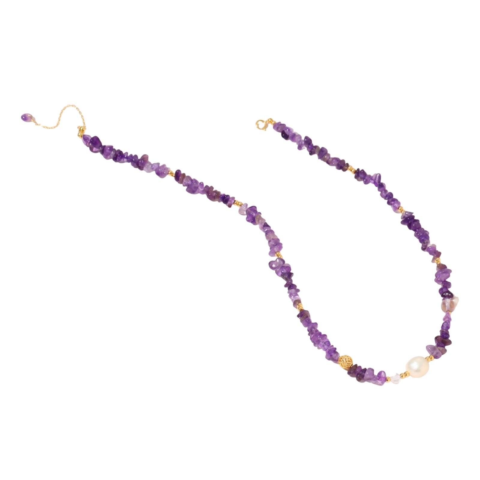 Beaded necklace with purple amethyst chips, freshwater pearls, and gold accents on white background.