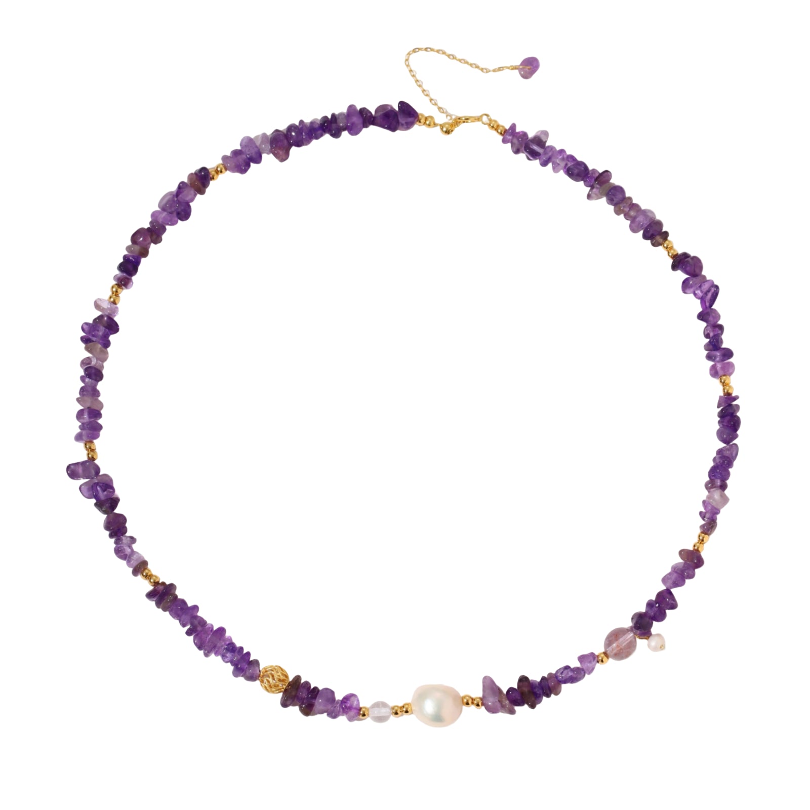 Beaded necklace with purple amethyst chips, freshwater pearls, and gold accents on white background.