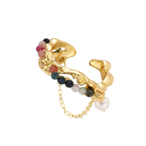 Gold sculptural cuff ring with multicolored tourmaline beads and baroque pearl drop on delicate chain