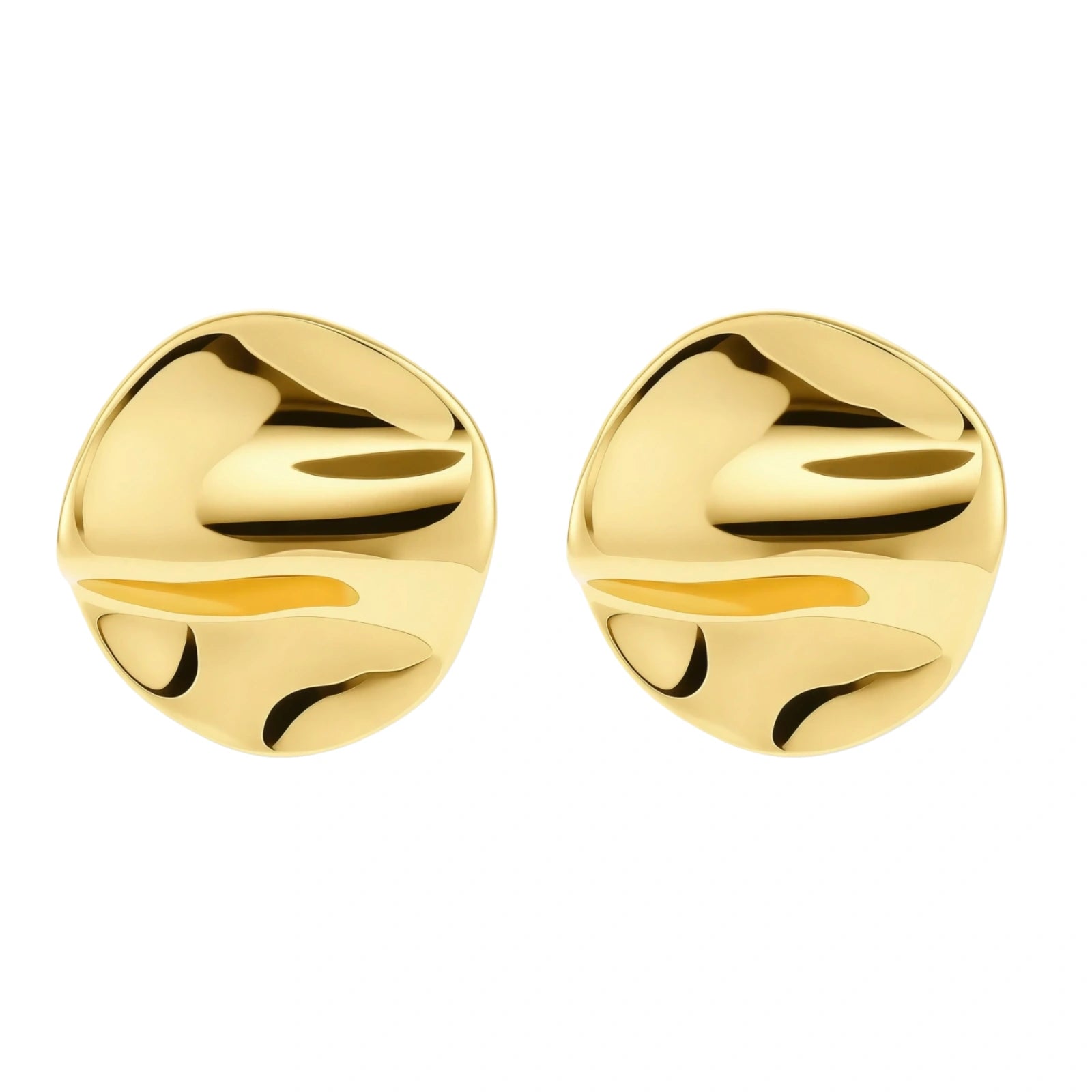 Close-up of organic gold-plated sterling silver stud earrings with flowing sculptural design and curved cut-outs