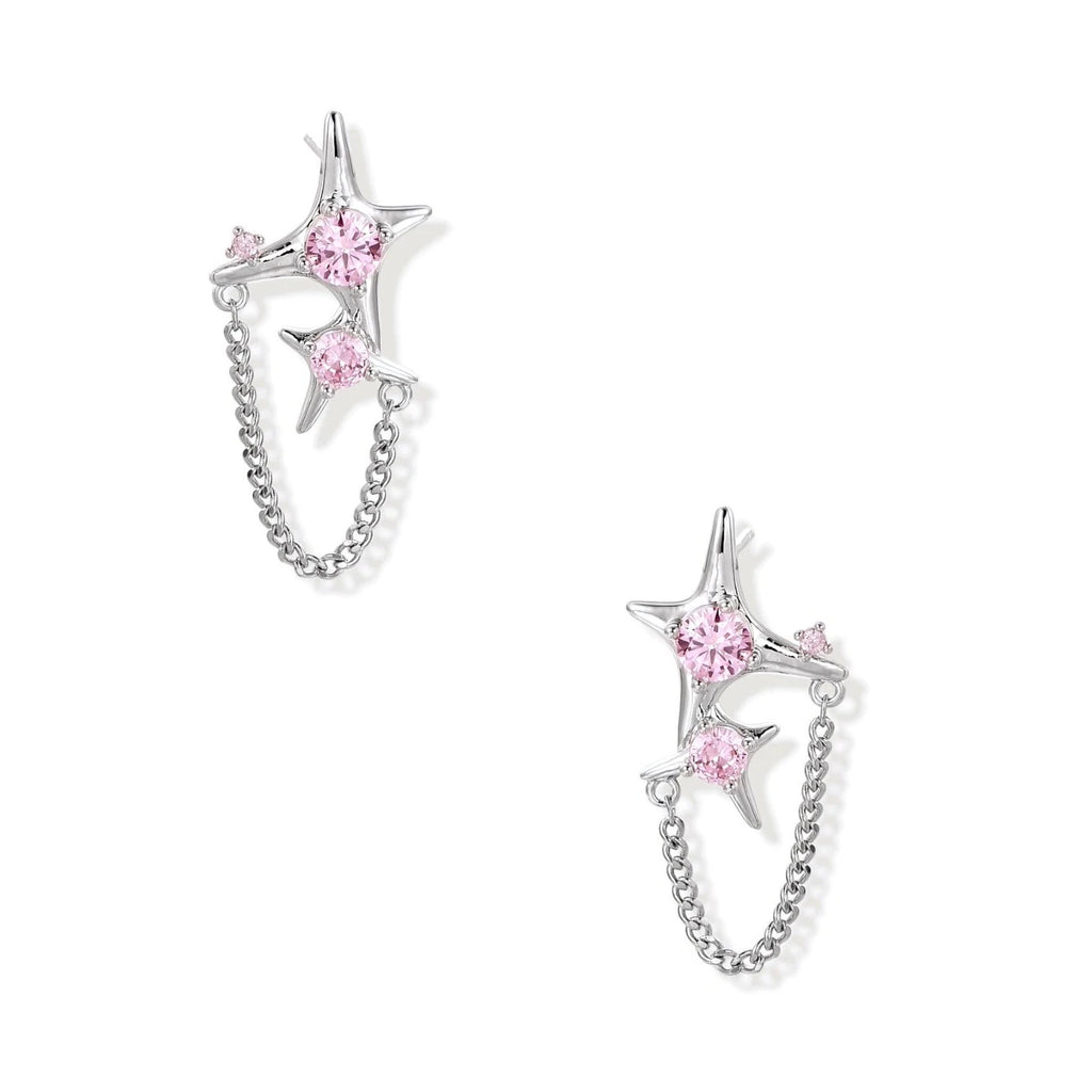 Pair of silver star-shaped ear climbers with pink zirconia stones connected by delicate chains