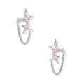 Pair of silver star-shaped ear climbers with pink zirconia stones connected by delicate chains
