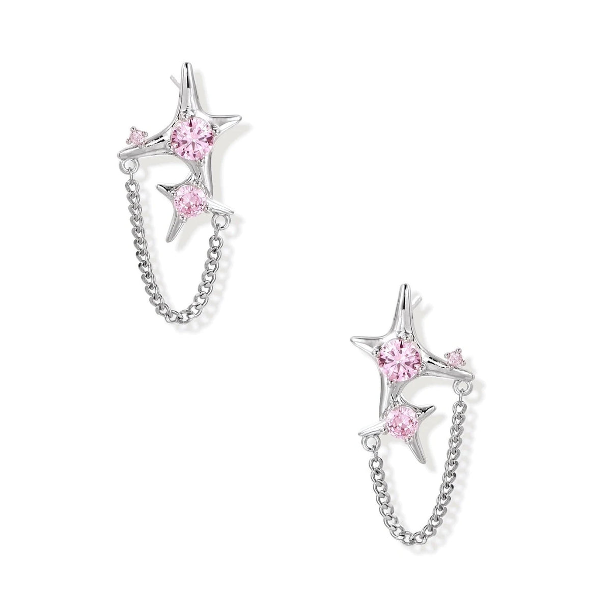 Pair of silver star-shaped ear climbers with pink zirconia stones connected by delicate chains