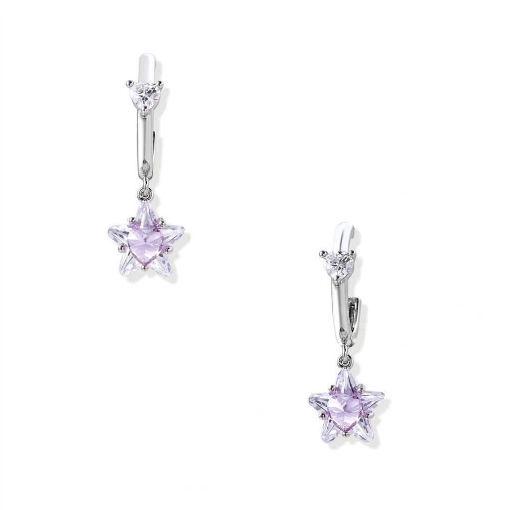 White gold plated huggie earrings with clear CZ accents and dangling lavender star-shaped crystals on cream background