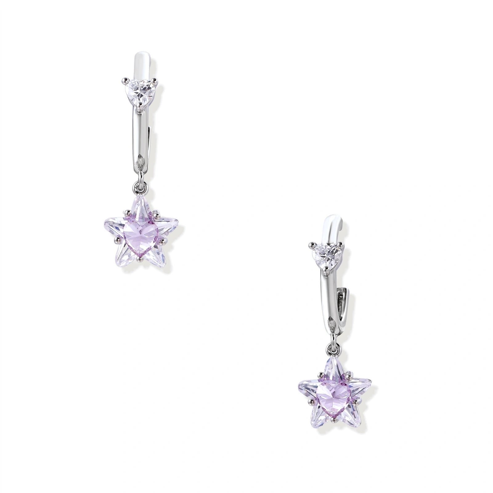 White gold plated huggie earrings with clear CZ accents and dangling lavender star-shaped crystals on cream background