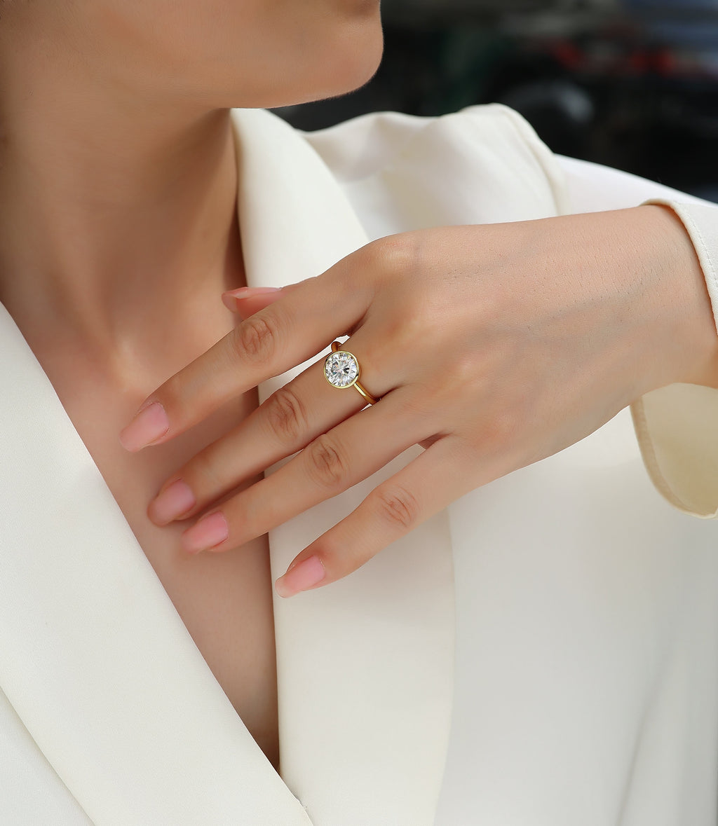 Moissanite Round Ring - Gold-Plated Silver
