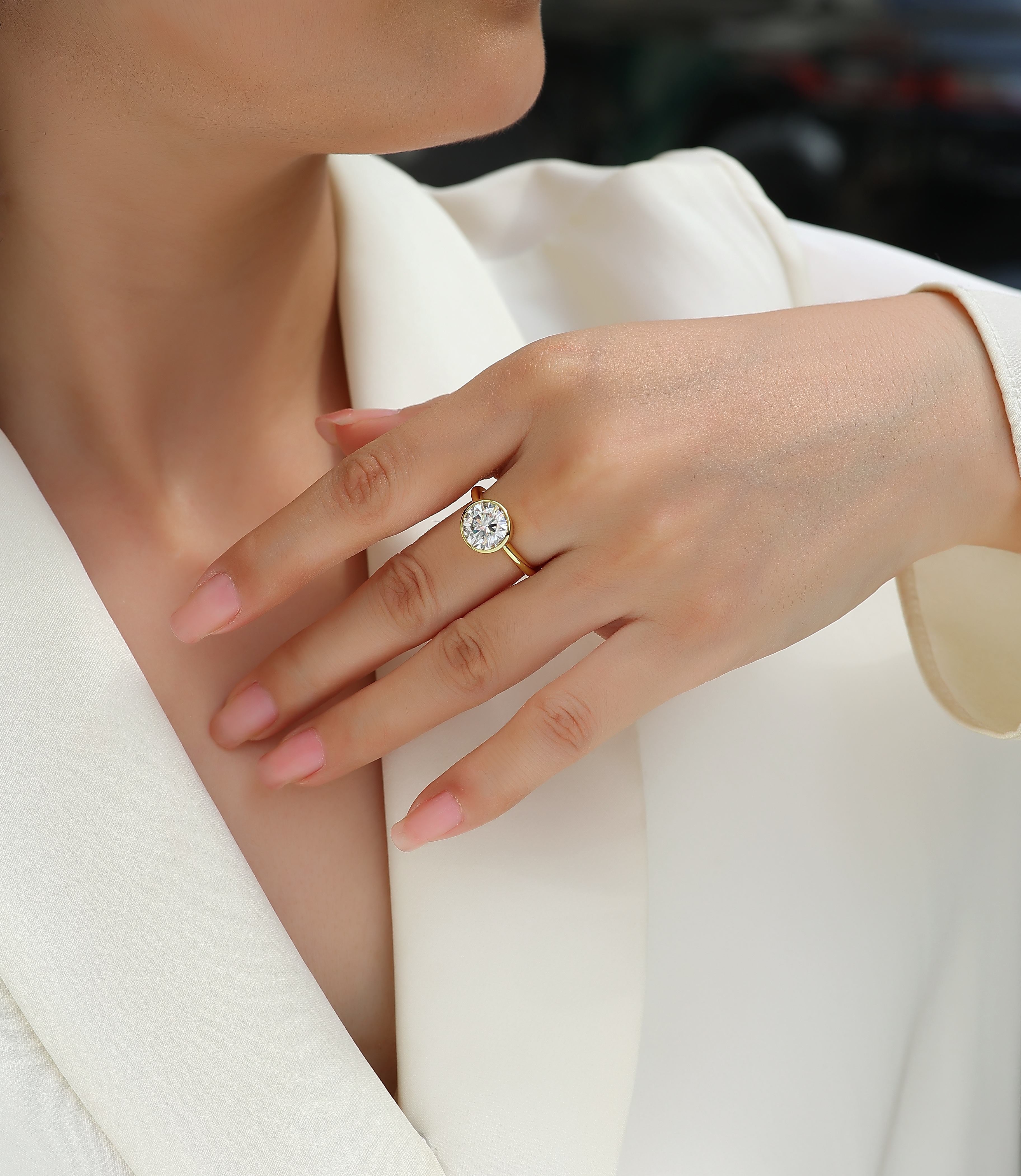 Moissanite Round Ring - Gold-Plated Silver