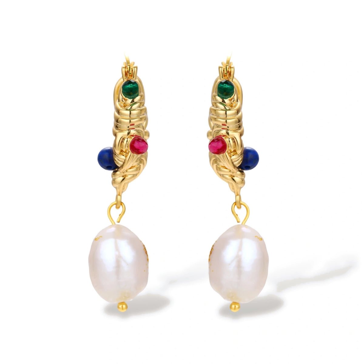 Ornate gold-plated hoop earrings with emerald, ruby, and sapphire accents, featuring dangling baroque freshwater pearls