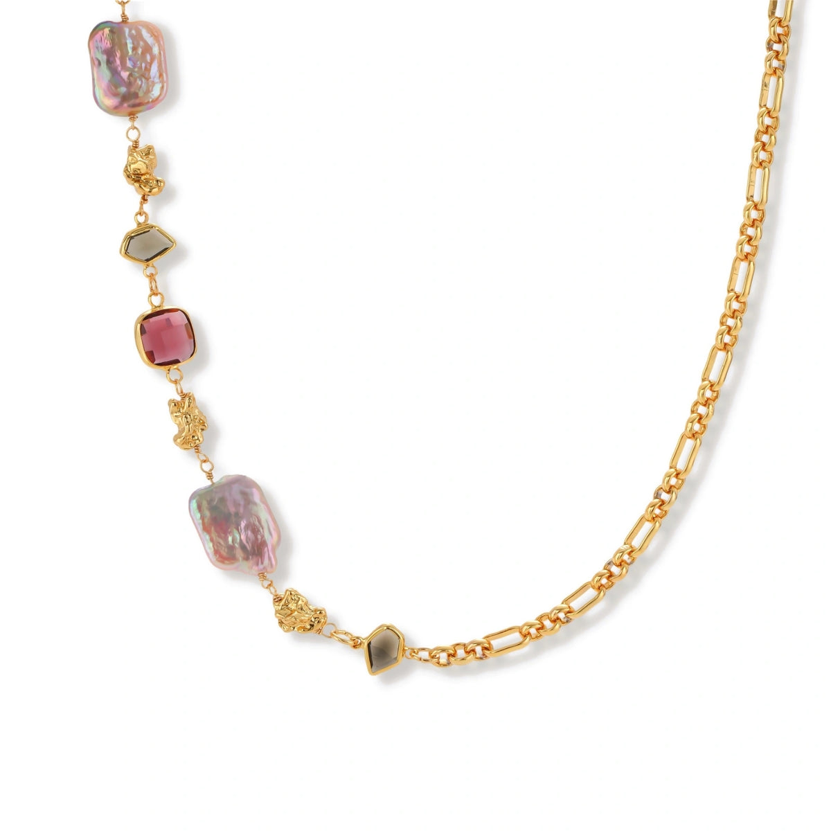 18k gold-plated chain necklace with iridescent baroque pearls and burgundy gemstones on white background.