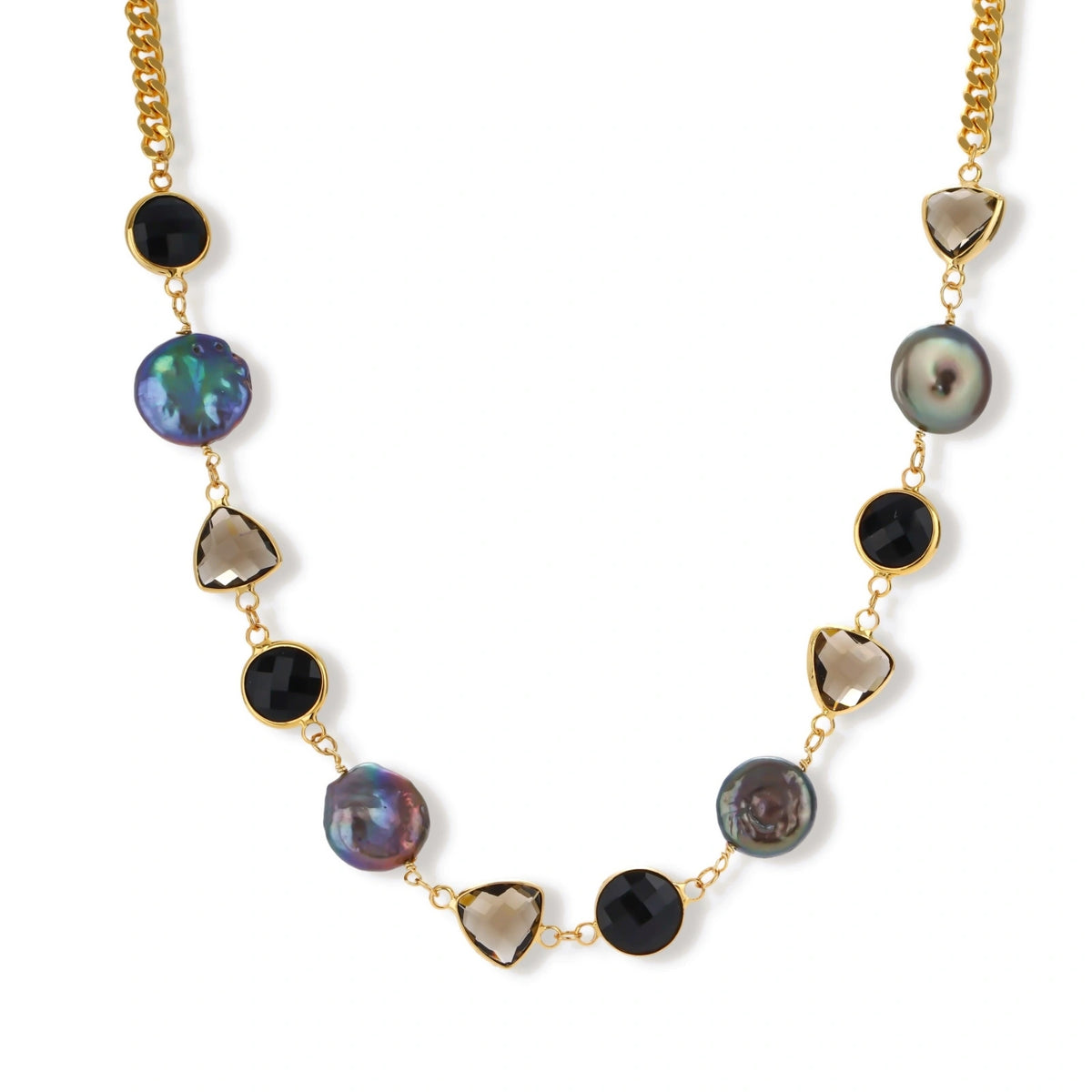 18k gold-plated chain necklace featuring lustrous baroque pearls, black onyx rounds, and smoky quartz triangular stones on white background.
